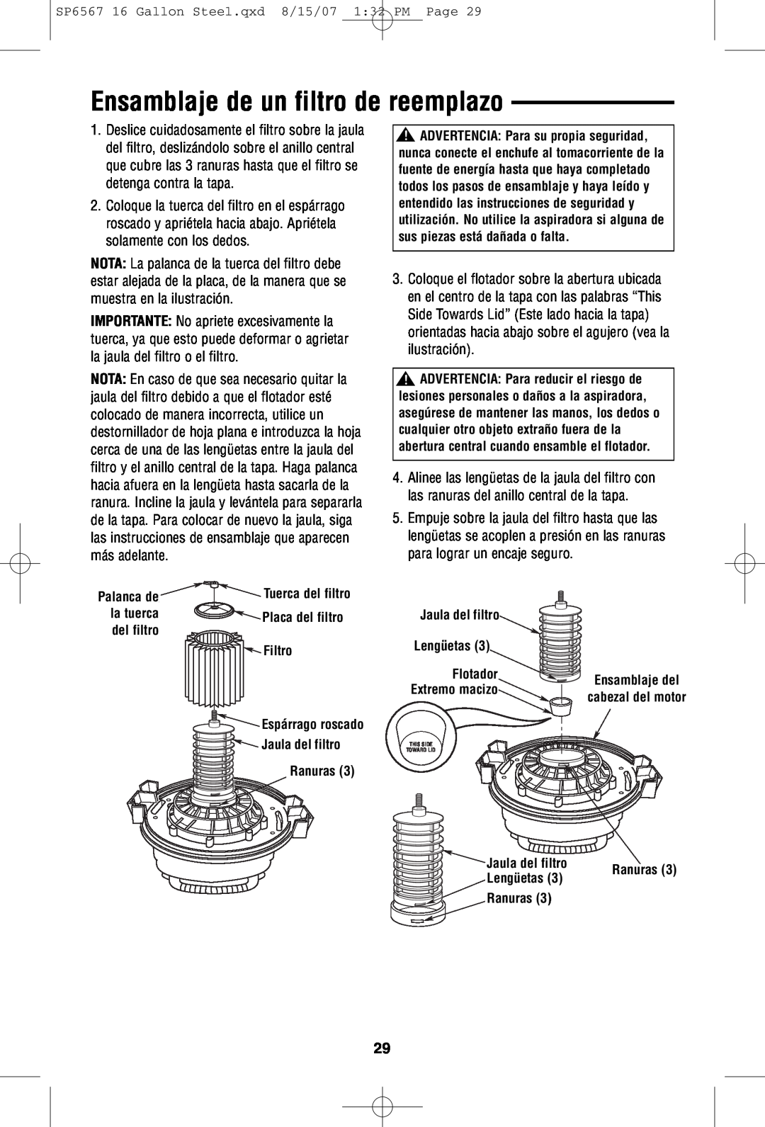 RIDGID WD1950 manual Ensamblaje de un filtro de reemplazo, Tuerca del filtro, Placa del filtro, Filtro, Espárrago roscado 