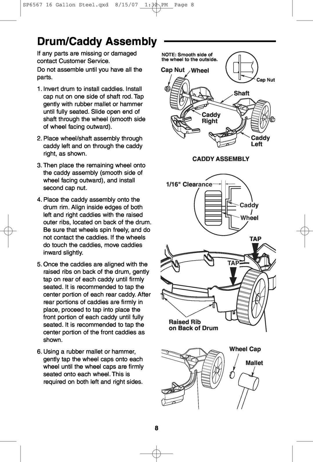 RIDGID WD1950 manual Drum/Caddy Assembly, Cap Nut Wheel, Shaft, Caddy Right Caddy Left CADDY ASSEMBLY 