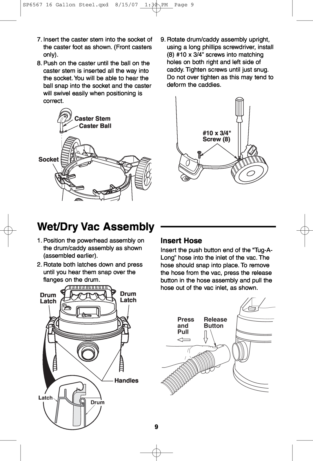 RIDGID WD1950 manual Wet/Dry Vac Assembly, Insert Hose 