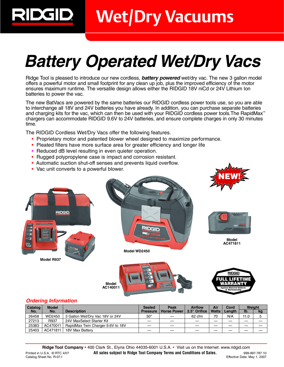 RIDGID AC471811, WD2450, AC140011, R937 warranty Wet/Dry Vacuums, Battery Operated Wet/Dry Vacs, Ordering Information 