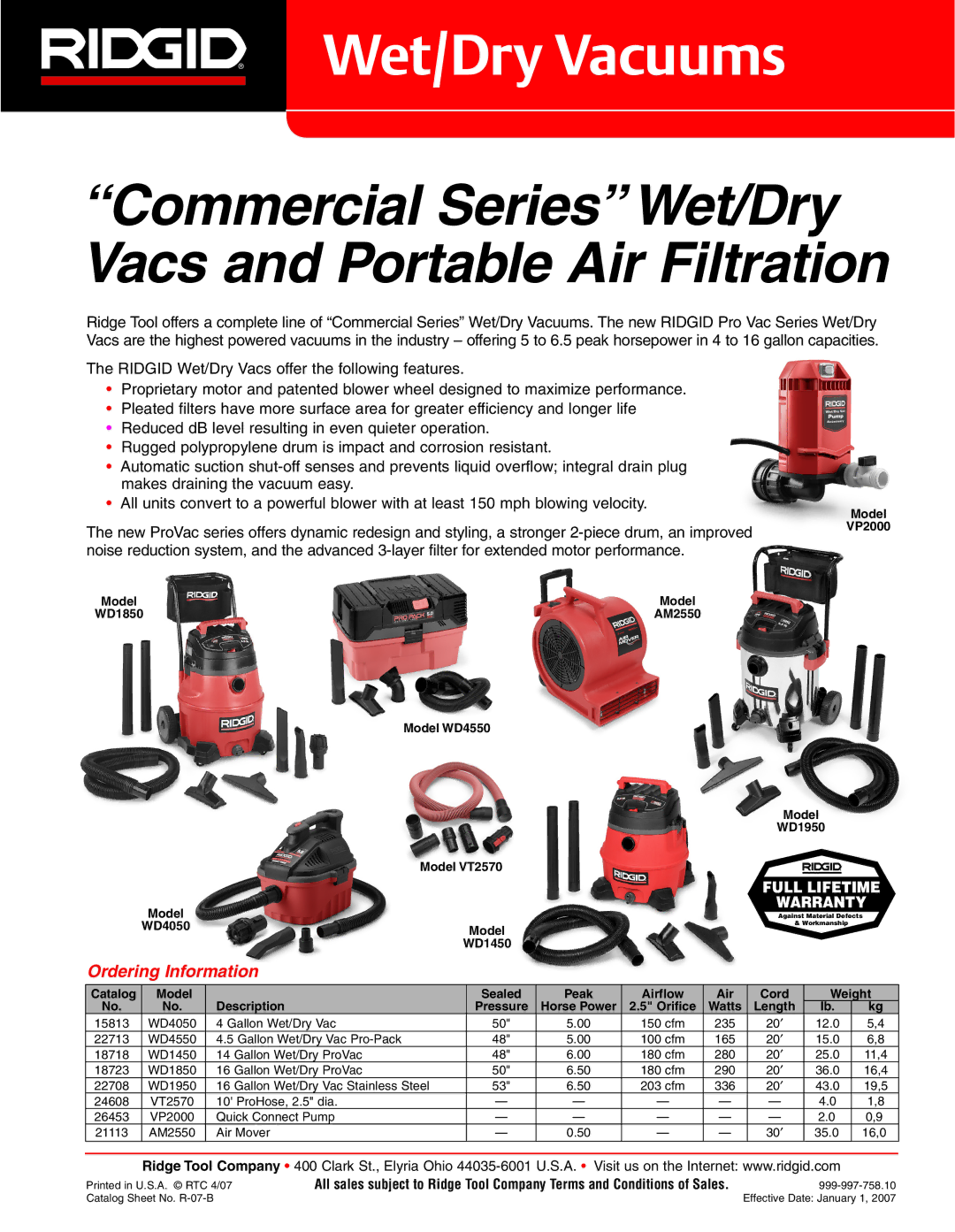 RIDGID warranty Model VP2000, WD1850, Model WD4550, WD1950 Model VT2570, WD4050, WD1450, Weight, Description Pressure 