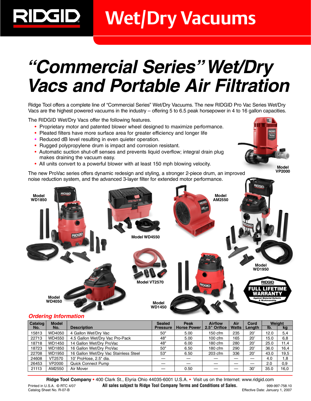 RIDGID WD4550 warranty Wet/Dry Vacuums, “Commercial Series”Wet/Dry Vacs and Portable Air Filtration, Ordering Information 