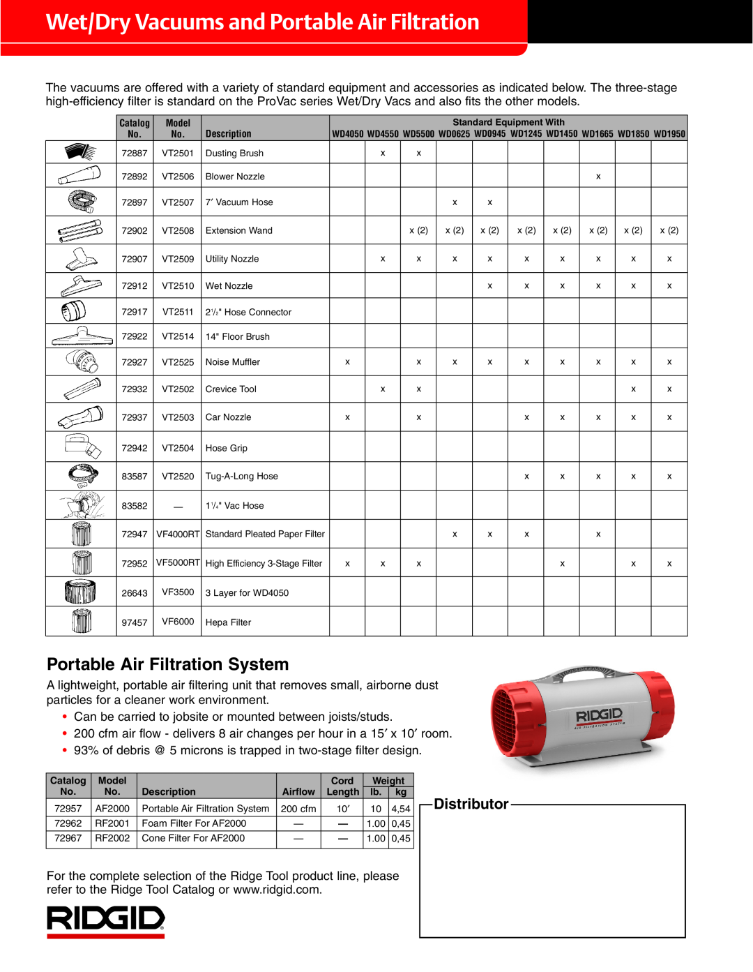 RIDGID VT2570, WD4050, WD4550 Wet/Dry Vacuums and Portable Air Filtration, Portable Air Filtration System, Distributor 