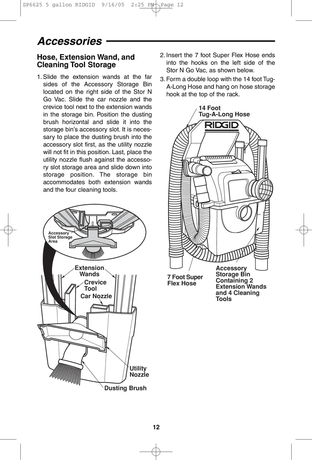 RIDGID WD55000 owner manual Accessories, Hose, Extension Wand, and Cleaning Tool Storage 