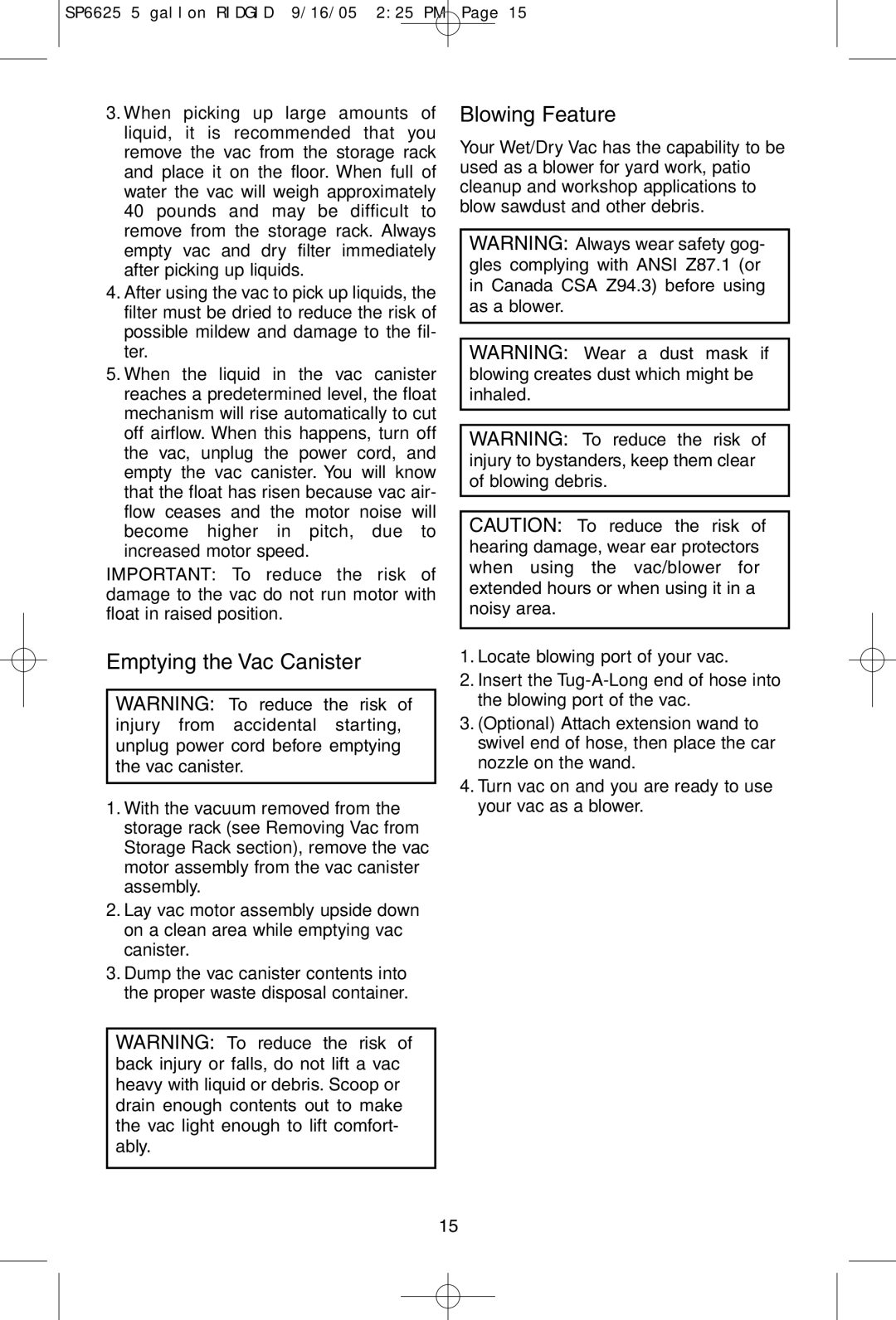 RIDGID WD55000 owner manual Emptying the Vac Canister, Blowing Feature 