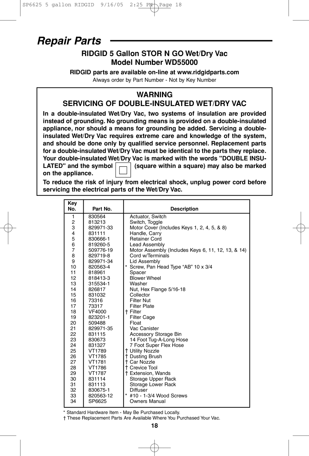 RIDGID owner manual Repair Parts, Ridgid 5 Gallon Stor N GO Wet/Dry Vac Model Number WD55000 