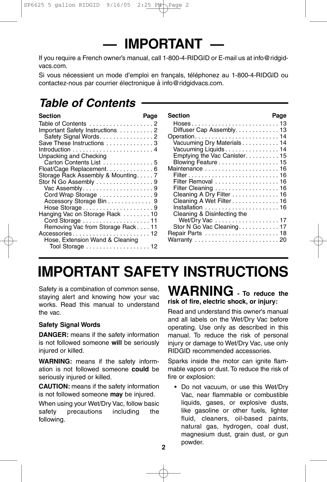 RIDGID WD55000 owner manual Important Safety Instructions, Table of Contents 