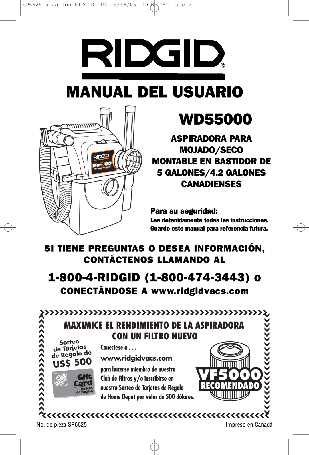 RIDGID WD55000 owner manual Manual DEL Usuario 