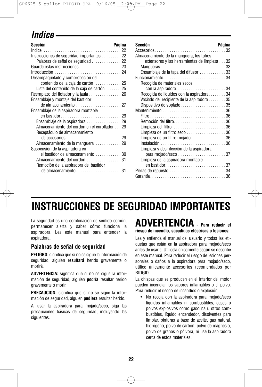 RIDGID WD55000 owner manual Indice, Sección 