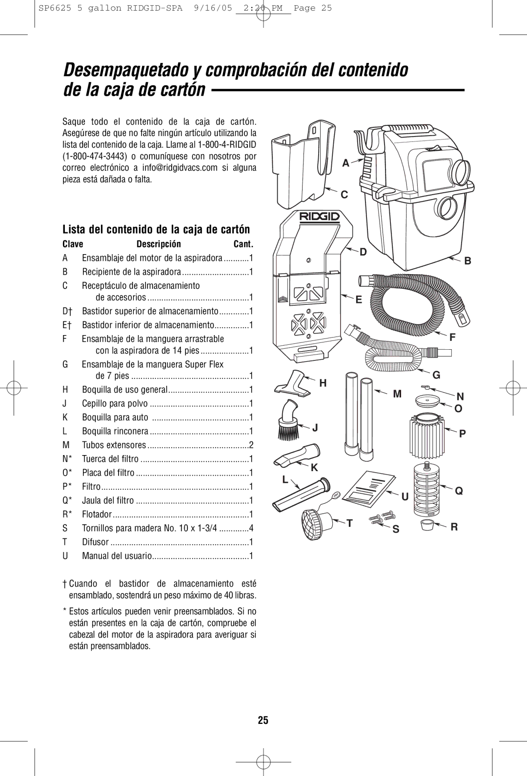 RIDGID WD55000 owner manual Lista del contenido de la caja de cartón, Clave Descripción 