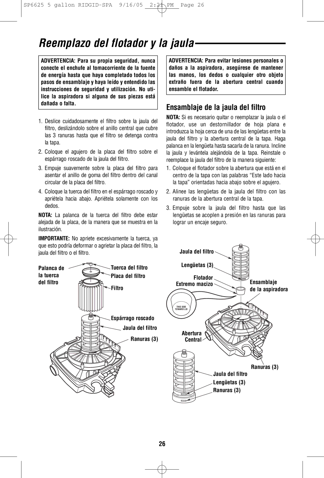 RIDGID WD55000 owner manual Reemplazo del flotador y la jaula, Ensamblaje de la jaula del filtro 