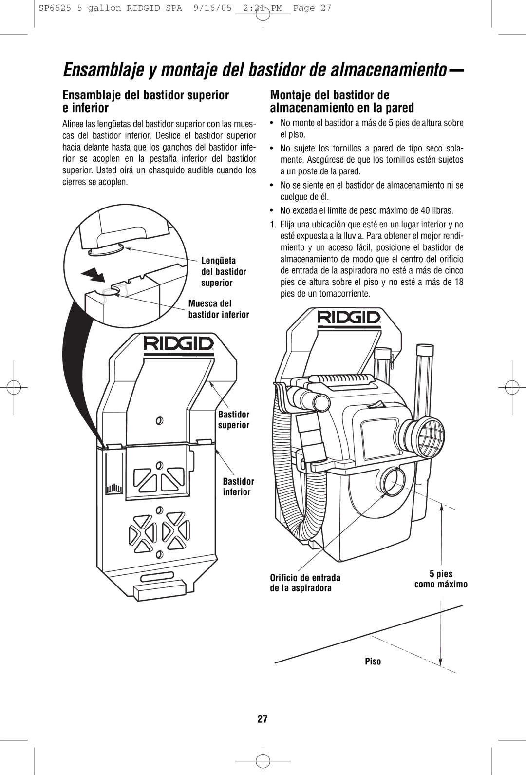 RIDGID WD55000 owner manual Ensamblaje del bastidor superior e inferior, Montaje del bastidor de almacenamiento en la pared 