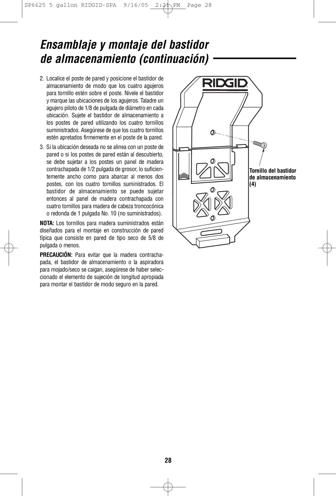 RIDGID WD55000 owner manual TornilloStoragedel Rackbastidor deScrewalmacenamiento4 