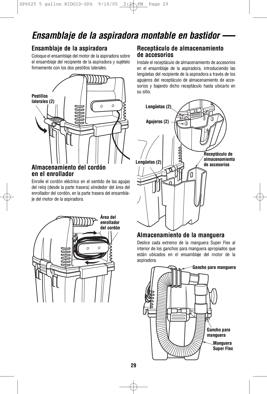 RIDGID WD55000 owner manual Ensamblaje de la aspiradora montable en bastidor, Almacenamiento del cordón en el enrollador 