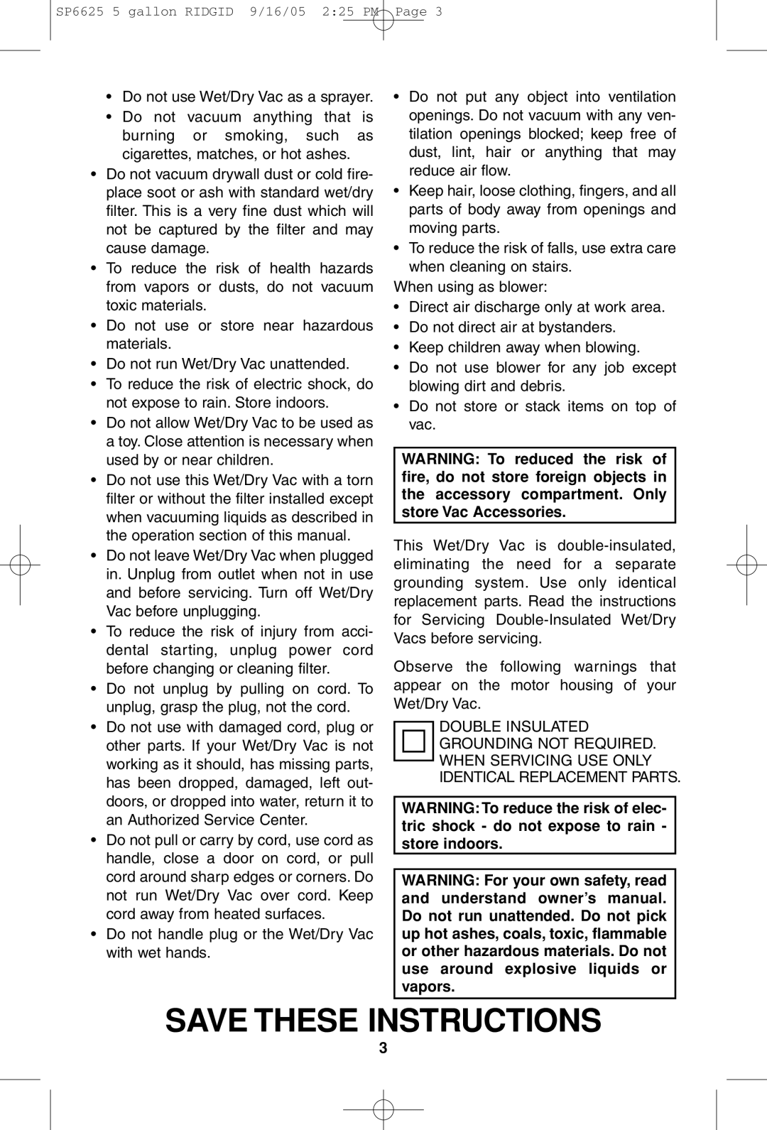 RIDGID WD55000 owner manual SP6625 5 gallon Ridgid 9/16/05 225 PM 