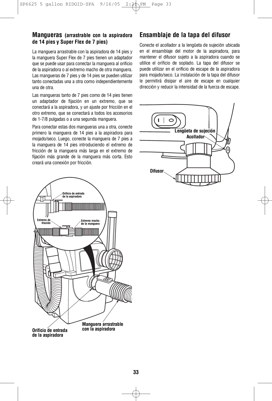 RIDGID WD55000 owner manual Ensamblaje de la tapa del difusor, Lengüeta de sujeción Acollador Difusor 