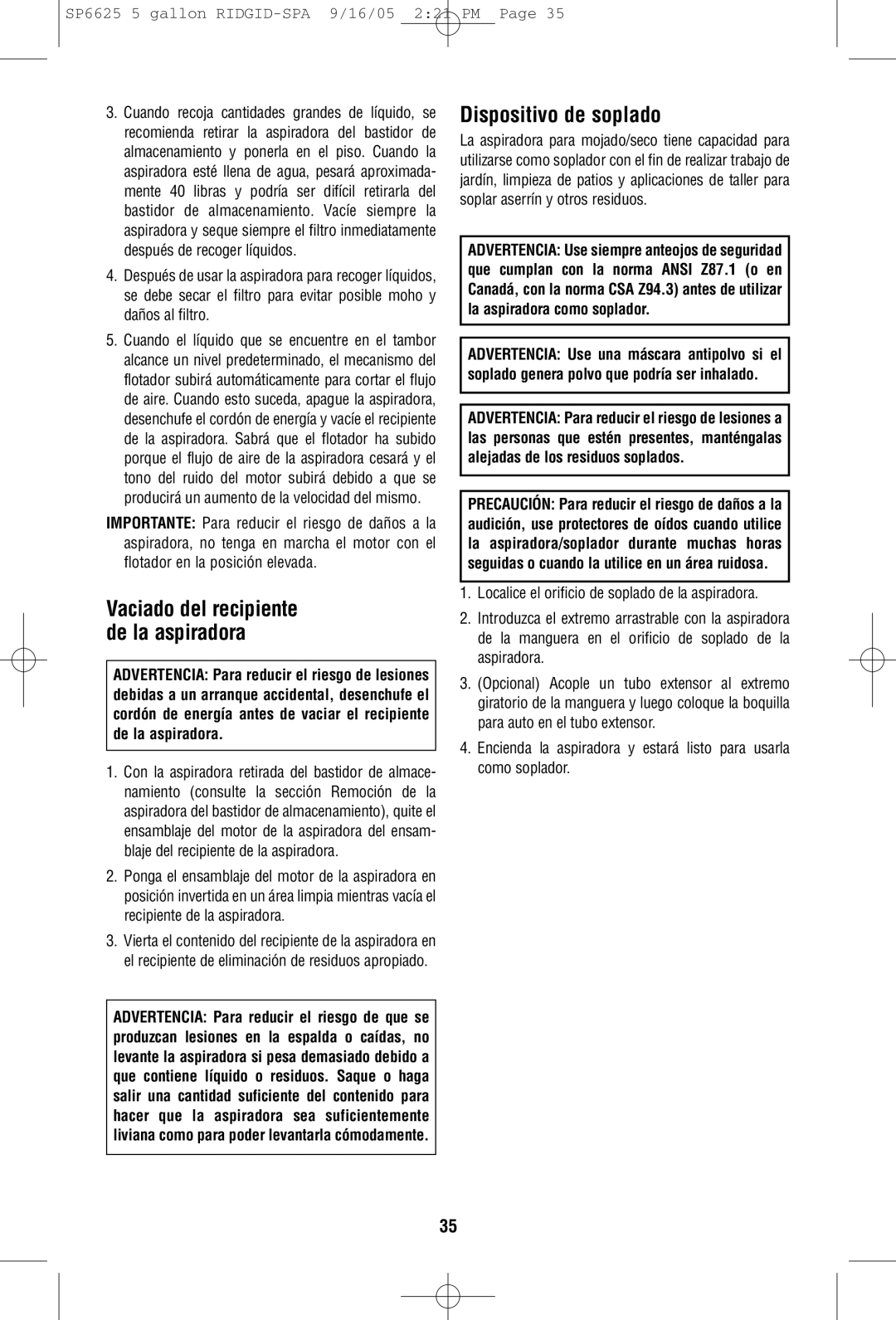 RIDGID WD55000 owner manual Dispositivo de soplado, Vaciado del recipiente de la aspiradora 