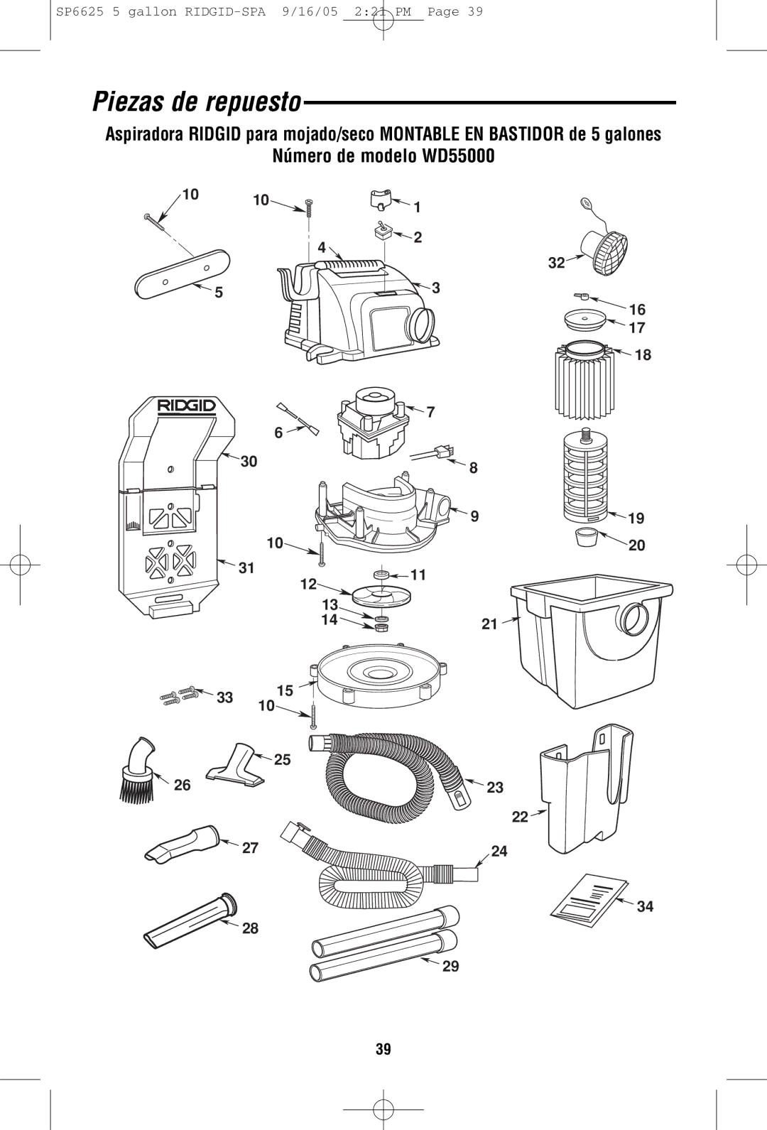 RIDGID WD55000 owner manual Piezas de repuesto 