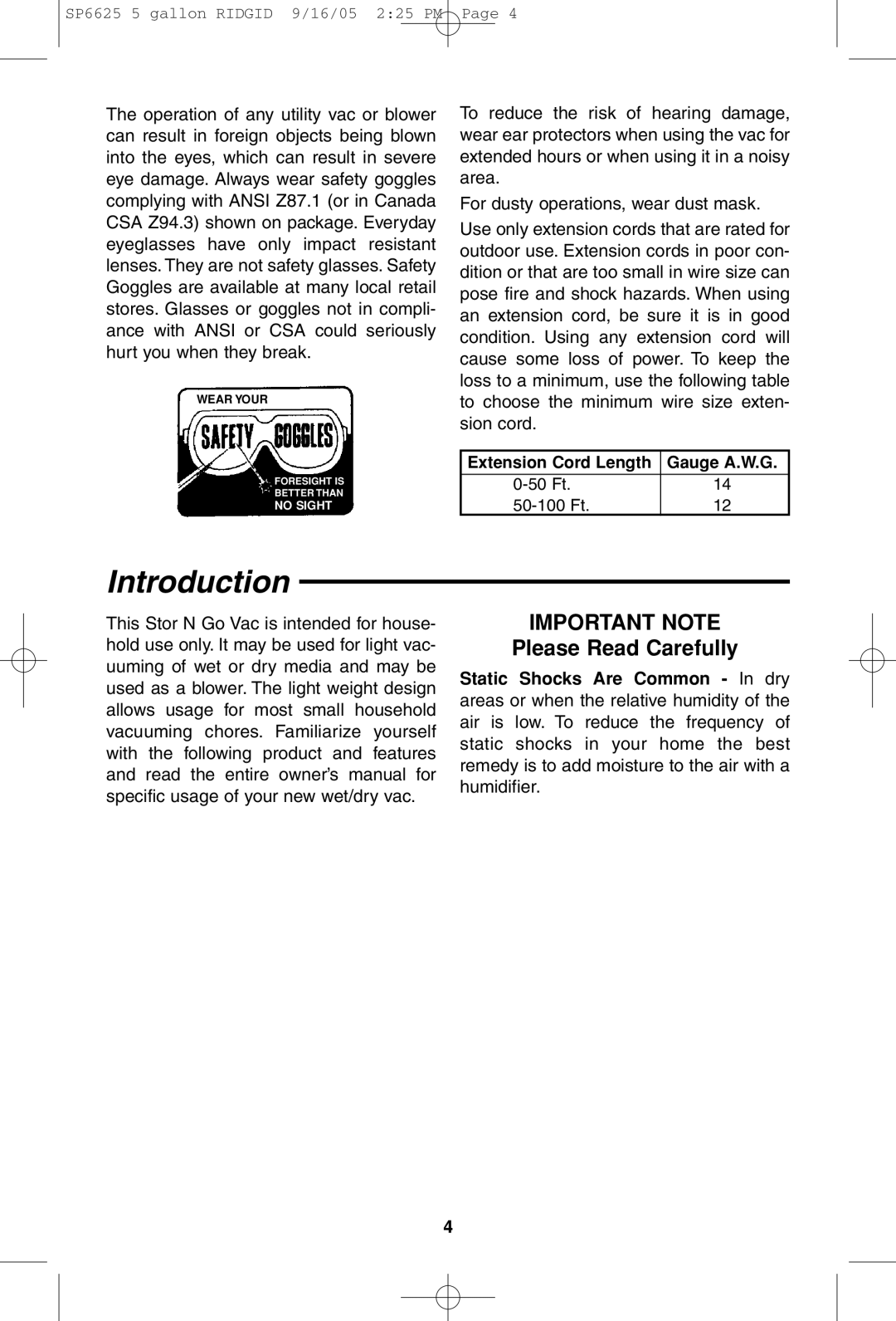 RIDGID WD55000 owner manual Introduction, Please Read Carefully, Extension Cord Length Gauge A.W.G 