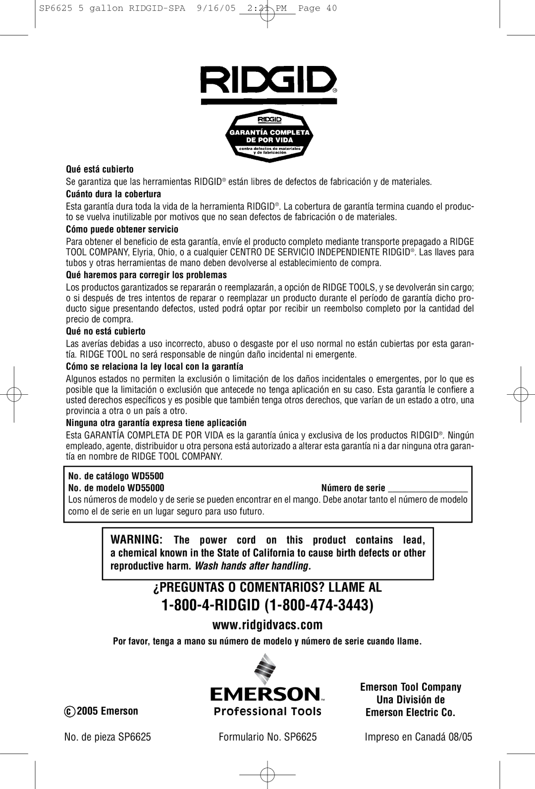 RIDGID WD55000 owner manual Emerson Professional Tools, No. de pieza SP6625 