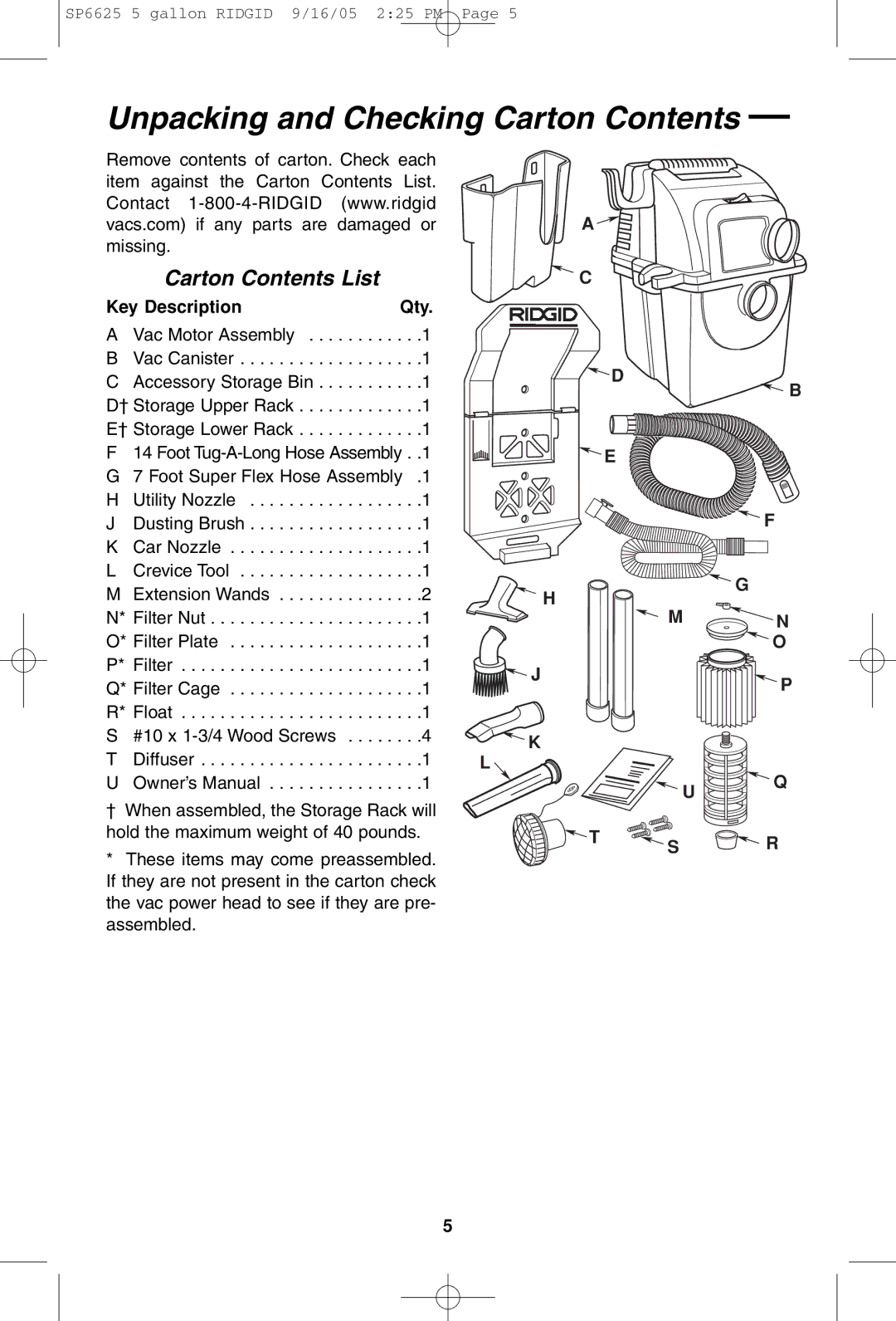 RIDGID WD55000 owner manual Unpacking and Checking Carton Contents 