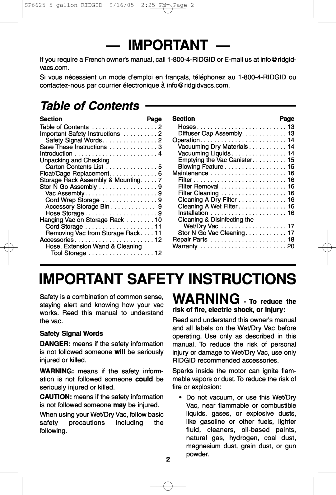 RIDGID WD55000 owner manual Table of Contents, Important Safety Instructions 