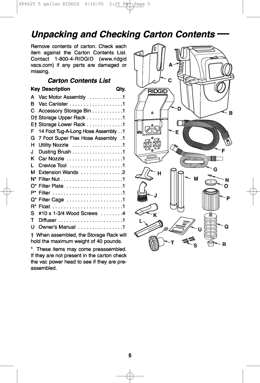RIDGID WD55000 owner manual Unpacking and Checking Carton Contents, Carton Contents List 