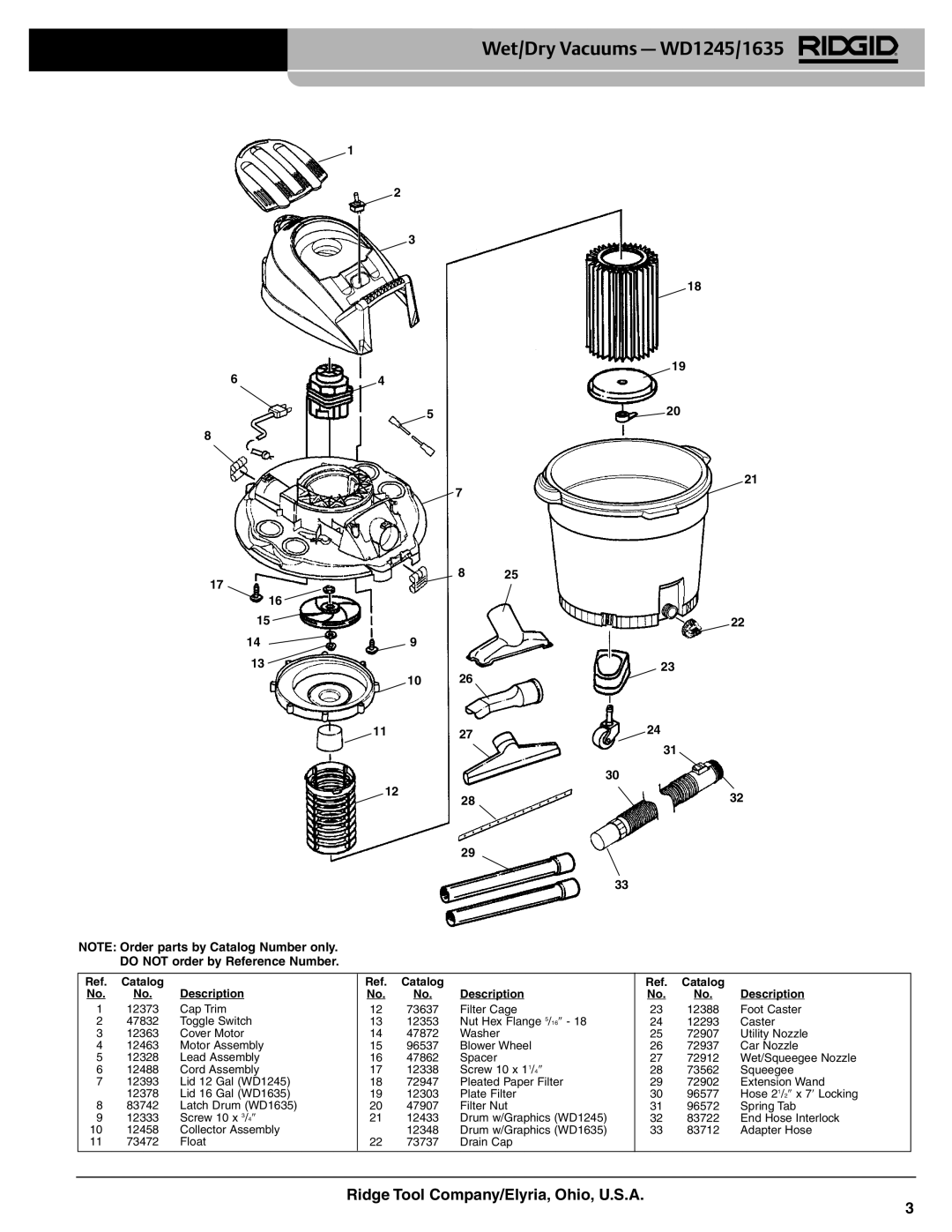 RIDGID WD620/WD935 manual Wet/Dry Vacuums WD1245/1635 