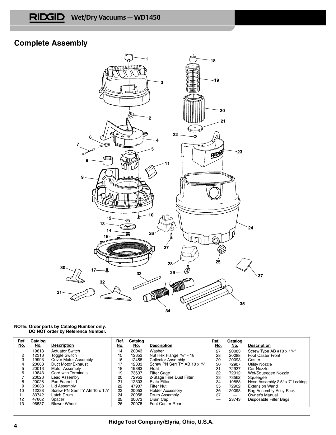 RIDGID WD620/WD935 manual Complete Assembly, Wet/Dry Vacuums WD1450 