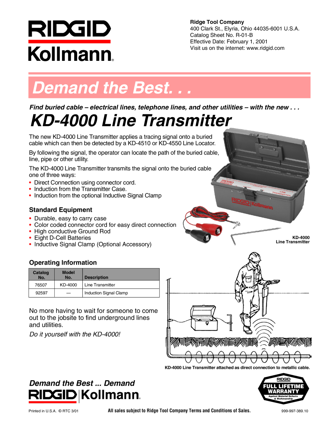 RIDGID WGSW-24020, WGSW-48040 warranty KD-4000 Line Transmitter, Demand the Best... Demand, Standard Equipment 