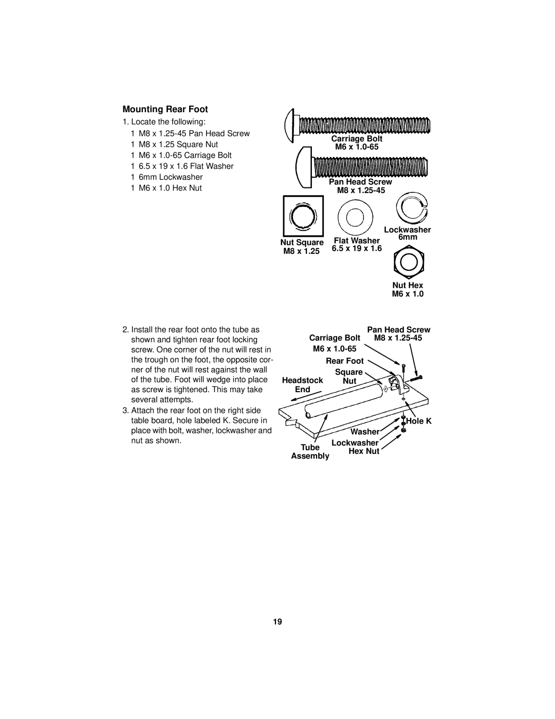 RIDGID WL1200LS1 manual Mounting Rear Foot, Pan Head Screw, Nut Square Flat Washer, M8 x X 19 x Nut Hex M6 x 