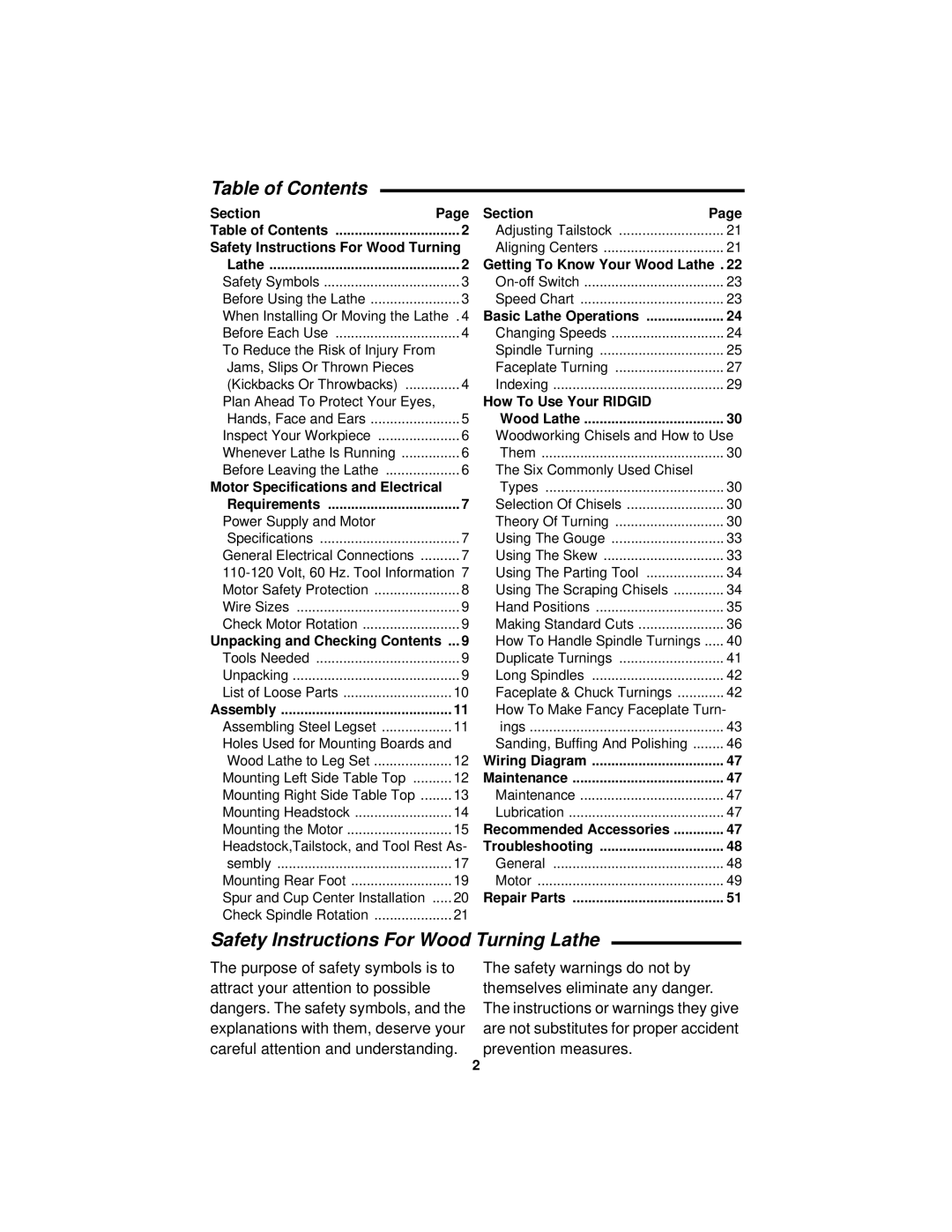 RIDGID WL1200LS1 manual Table of Contents, Safety Instructions For Wood Turning Lathe 