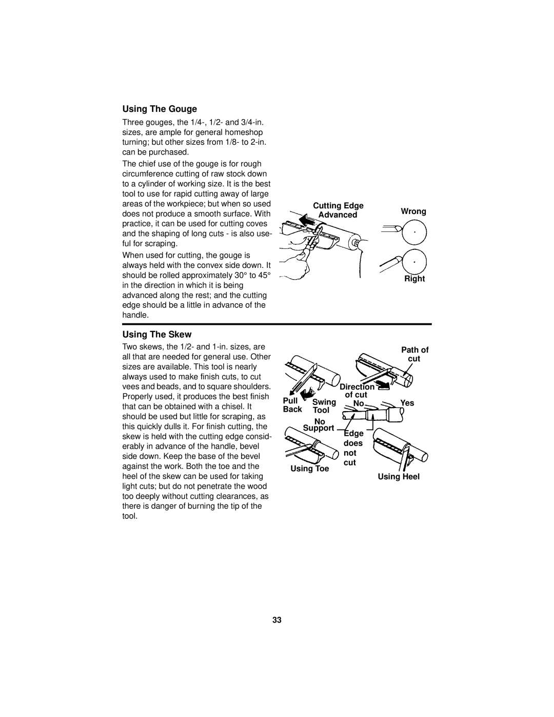 RIDGID WL1200LS1 manual Using The Gouge, Using The Skew, Cutting Edge AdvancedWrong Right 