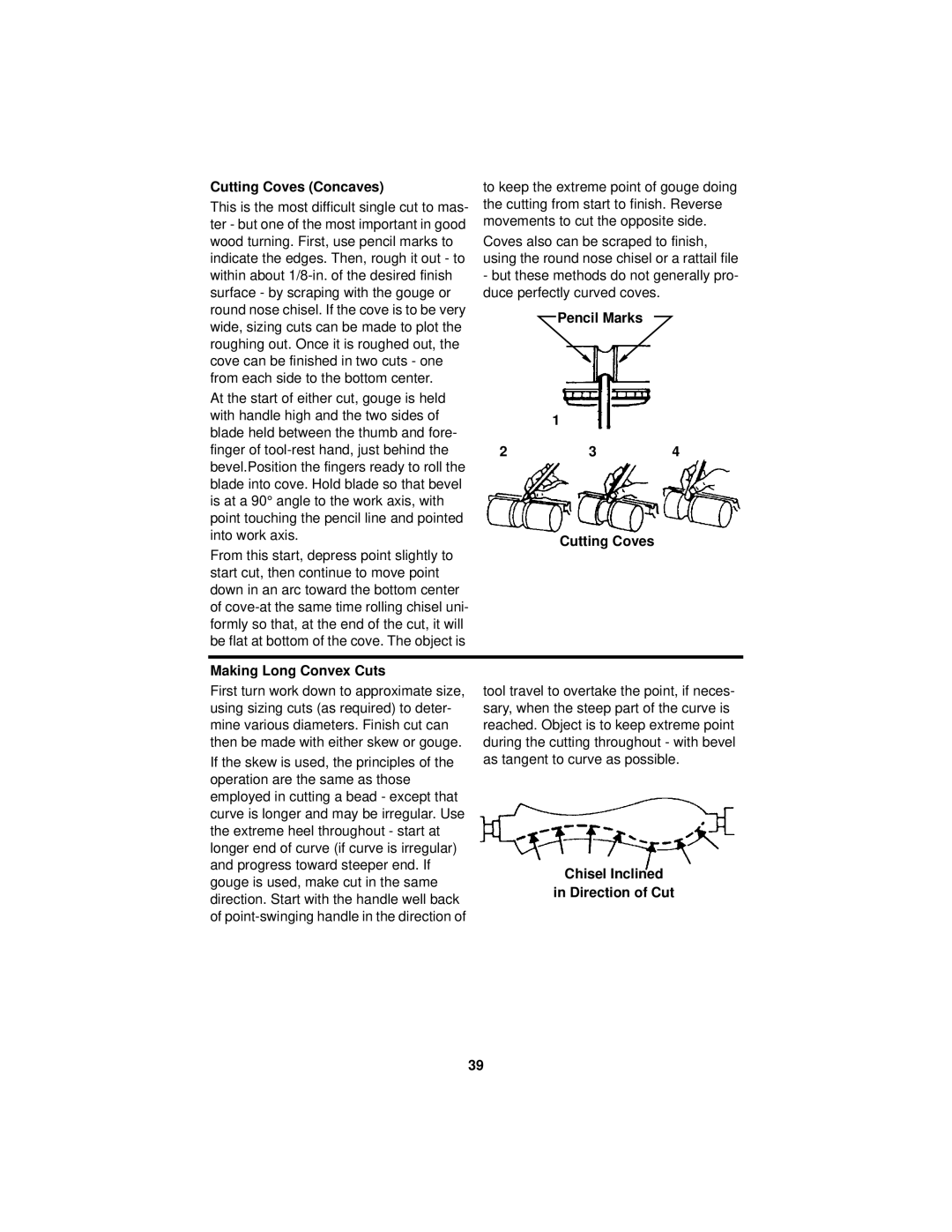 RIDGID WL1200LS1 manual Cutting Coves Concaves, Pencil Marks, Making Long Convex Cuts, Chisel Inclined Direction of Cut 