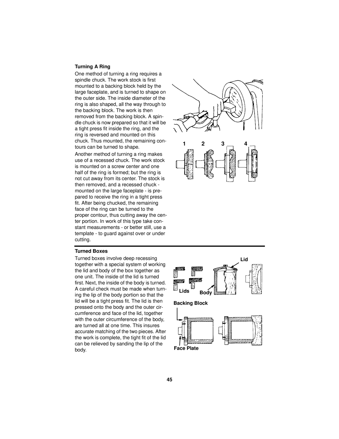 RIDGID WL1200LS1 manual Turning a Ring, Turned Boxes, Lid Lids Body Backing Block Face Plate 