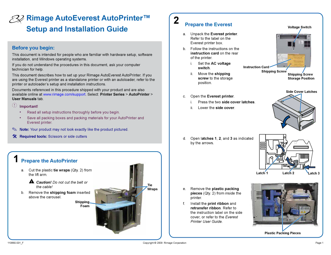 Rimage 110660-001_F installation instructions Before you begin, Prepare the Everest, Prepare the AutoPrinter 