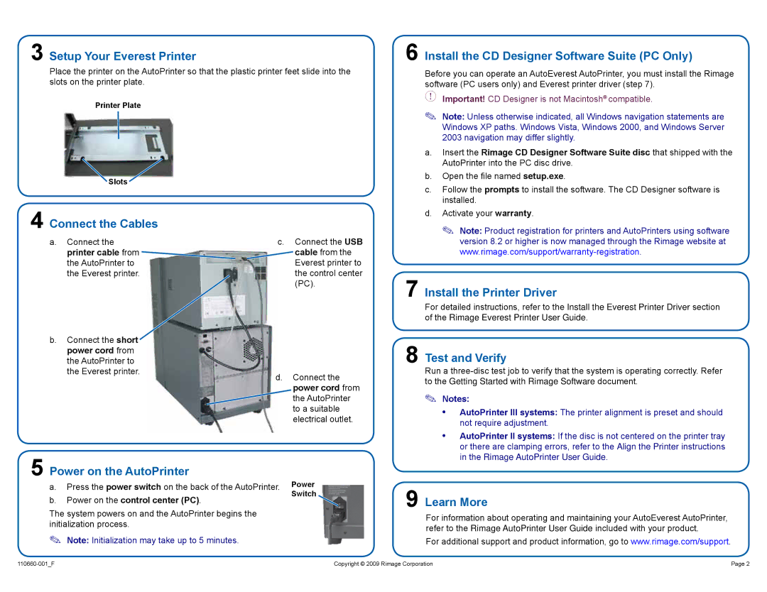 Rimage 110660-001_F Setup Your Everest Printer, Install the Printer Driver, Test and Verify, Power on the AutoPrinter 