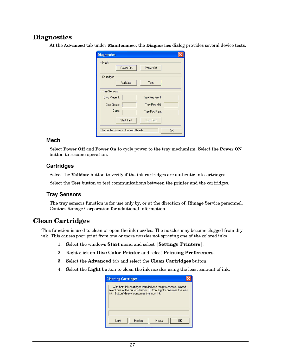 Rimage 110705-000 manual Diagnostics, Clean Cartridges 