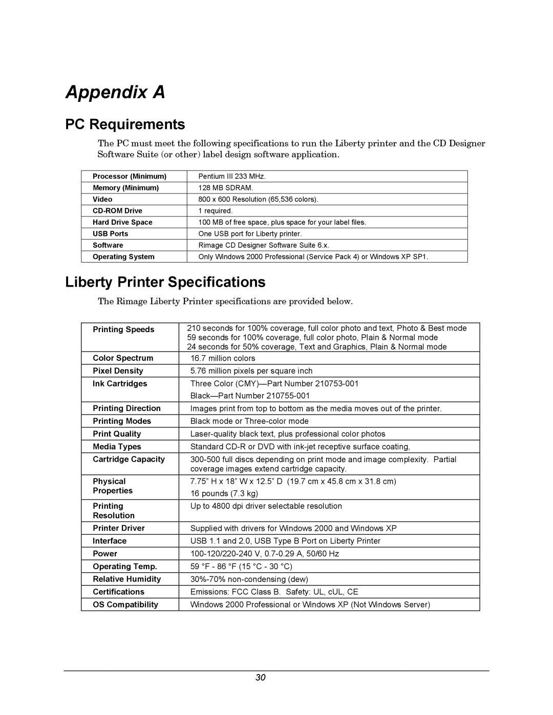 Rimage 110705-000 manual PC Requirements, Liberty Printer Specifications 