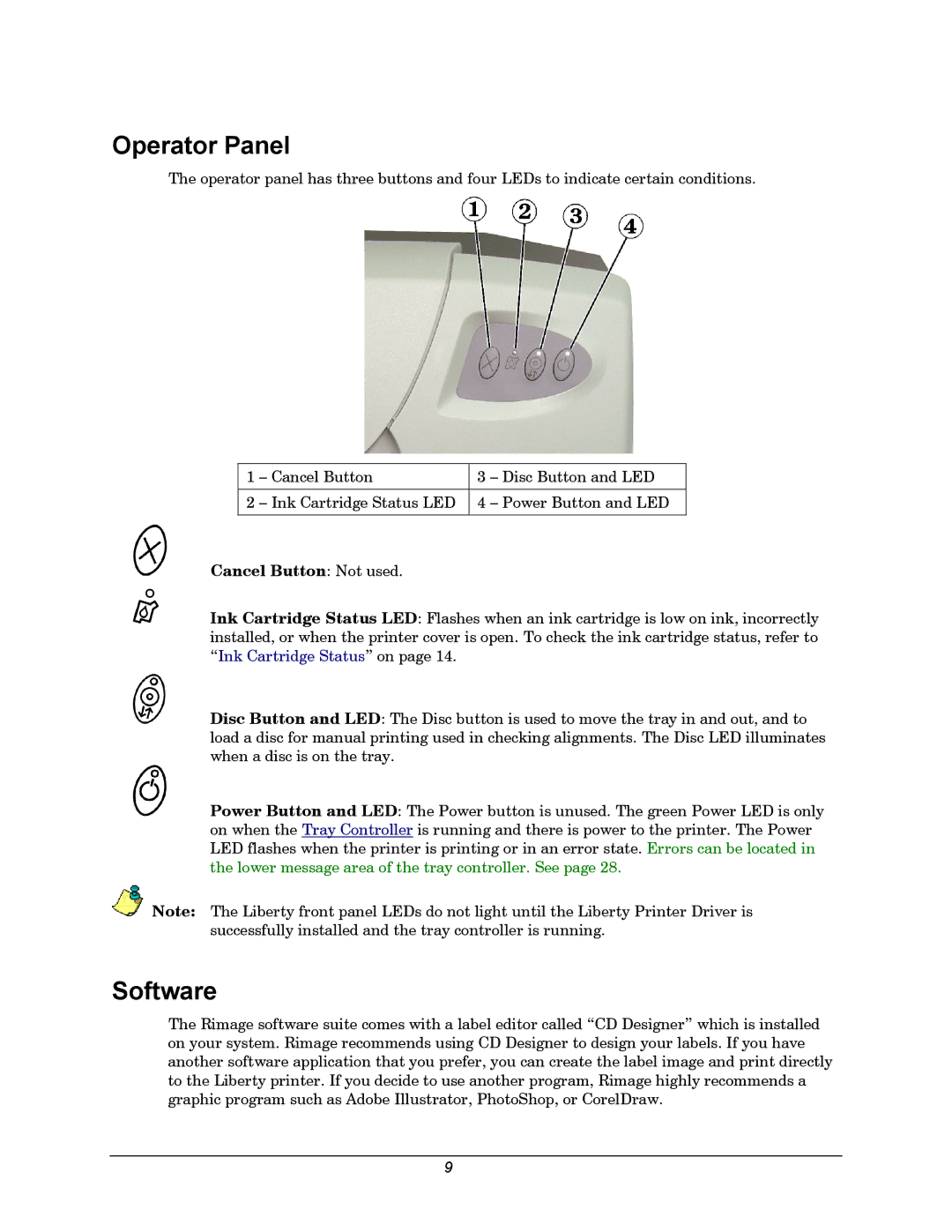 Rimage 110705-000 manual Operator Panel, Software 