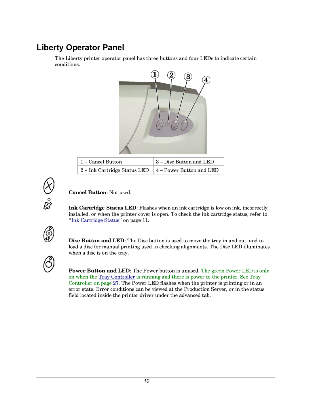 Rimage 110716-000 manual Liberty Operator Panel, Cancel Button Not used 