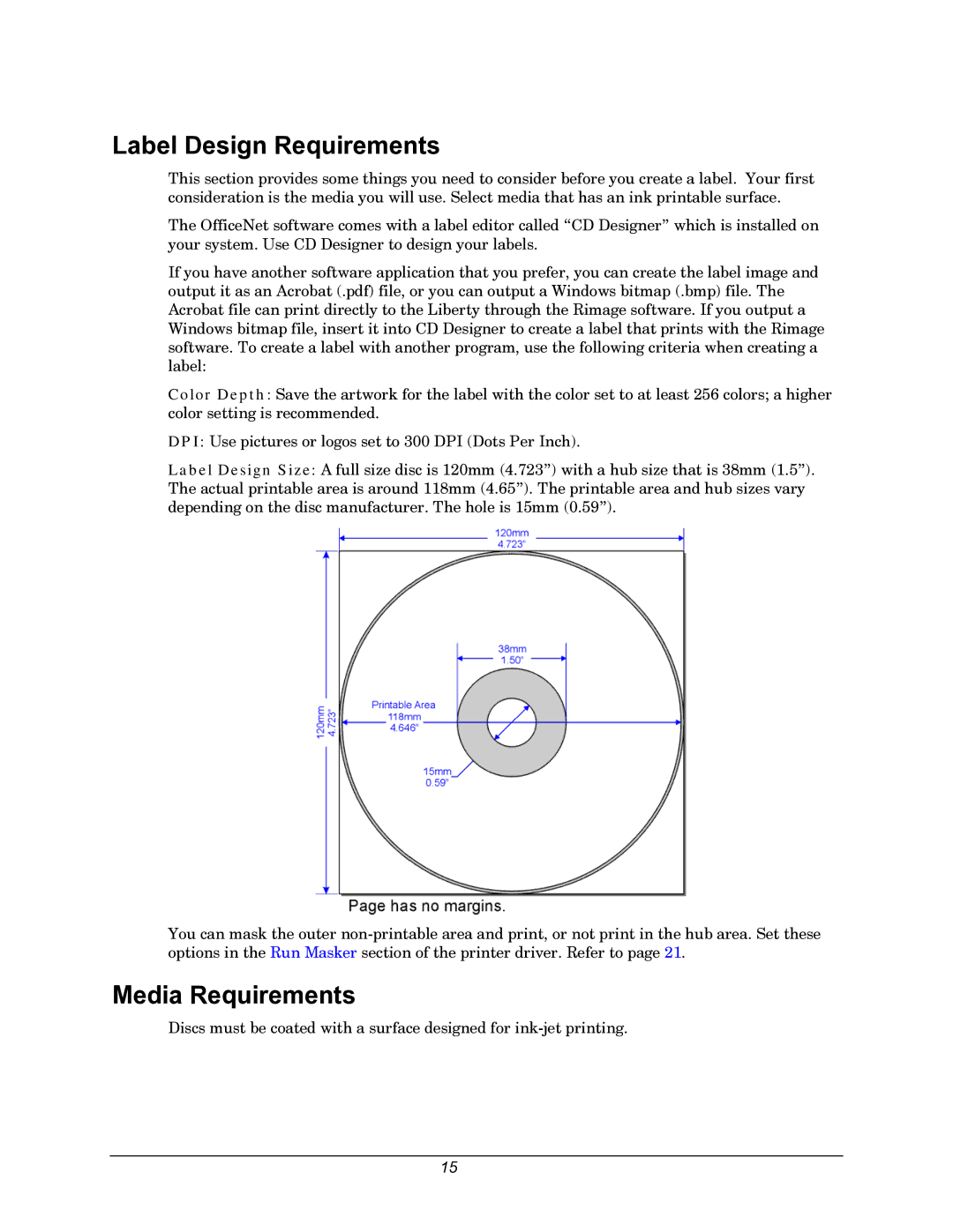 Rimage 110716-000 manual Label Design Requirements, Media Requirements 