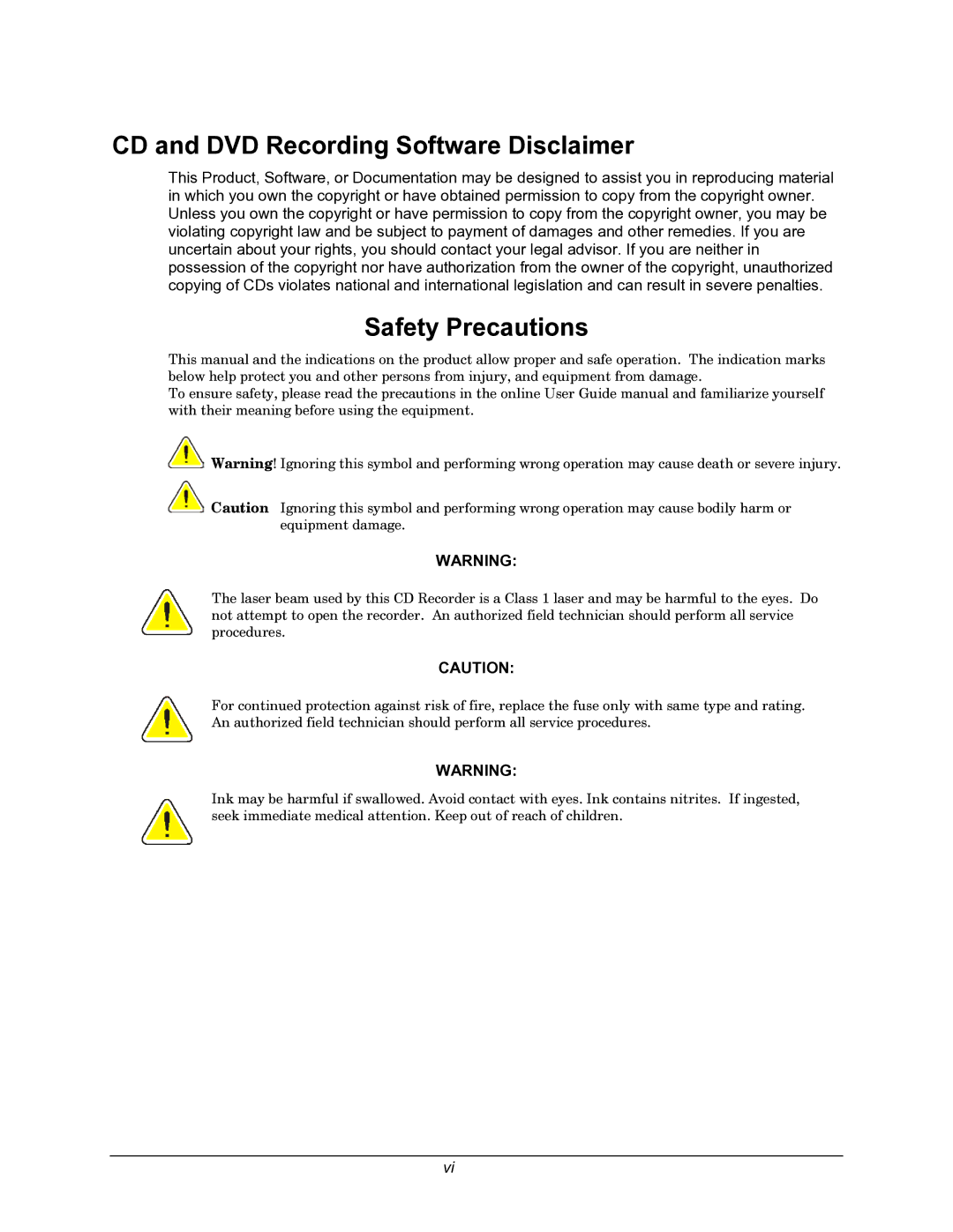 Rimage 110716-000 manual CD and DVD Recording Software Disclaimer, Safety Precautions 