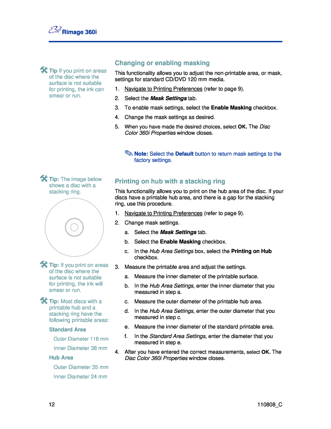 Rimage 360i manual Changing or enabling masking, Printing on hub with a stacking ring, Rimage, Standard Area, Hub Area 