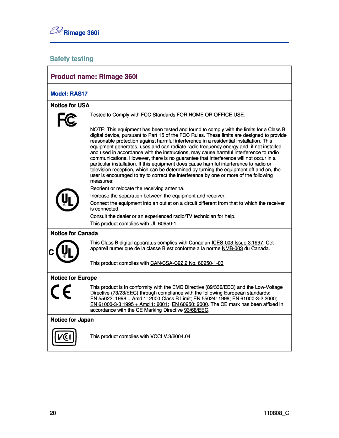 Rimage 360i manual Safety testing, Product name Rimage, Model RAS17 