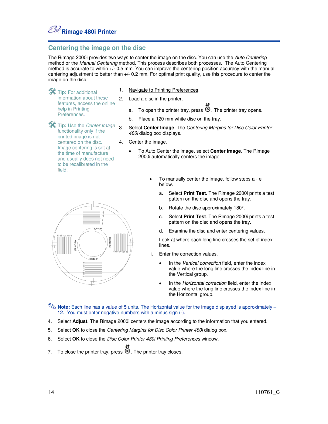 Rimage 480i manual Centering the image on the disc, Center the image 