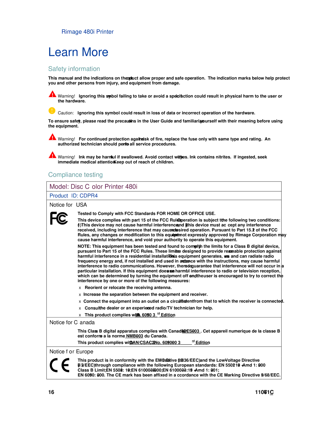 Rimage 480i manual Learn More, Safety information, Compliance testing 