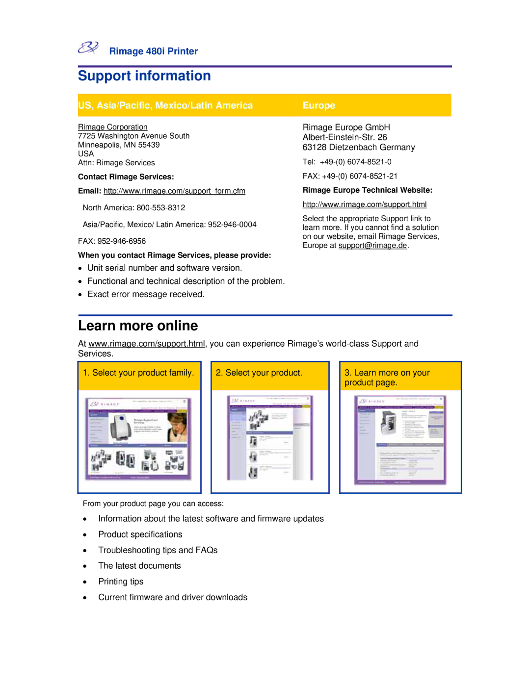 Rimage 480i manual Support information 