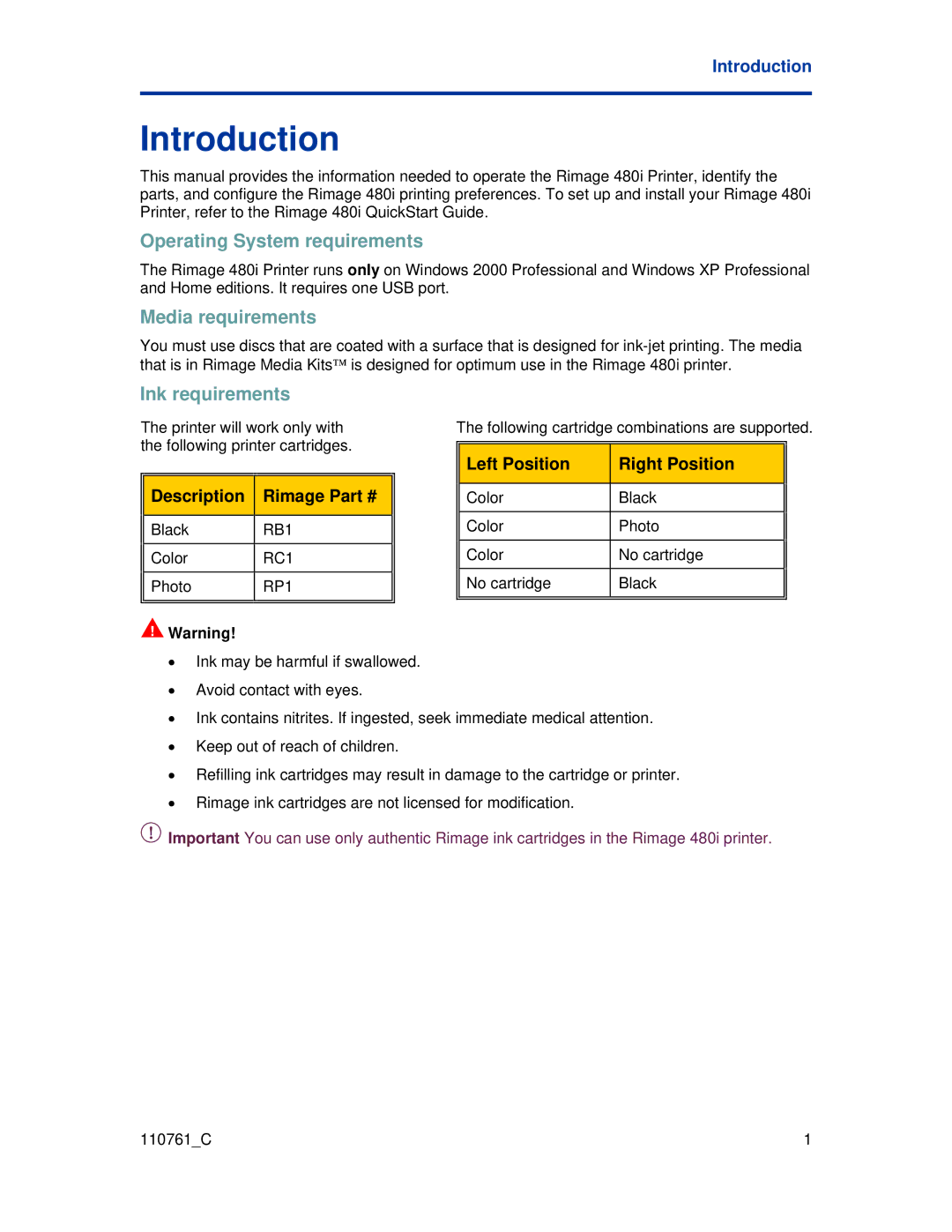 Rimage 480i manual Introduction, Operating System requirements, Media requirements, Ink requirements 