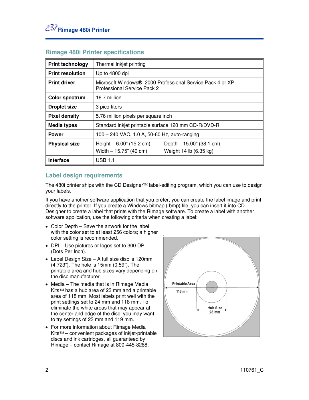 Rimage manual Rimage 480i Printer specifications, Label design requirements 